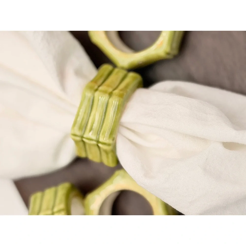 Vintage Green Faux Bamboo Ceramic Napkin Rings Set  5 Hexagon Chinoiserie Glazed